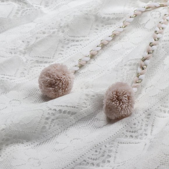 Boho White Lace Embroidered Tassel V-Neck Strapless Flowy Maxi Dress Sundress - Picture 7 of 10